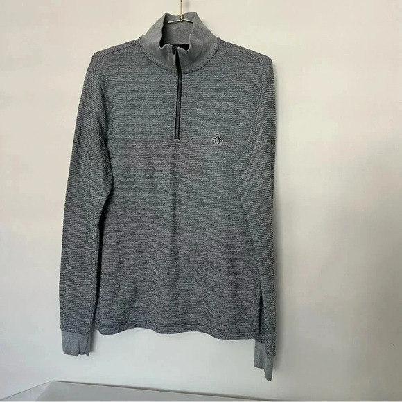 Penguin 1/4 Zip Sweater Heather Black/Gray Textured Size Medium High Neck - Picture 2 of 11